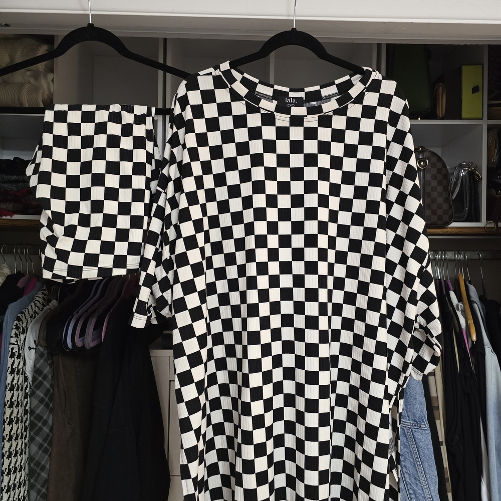 Dressed In Lala Black and White Checkered Ribbed Biker Set